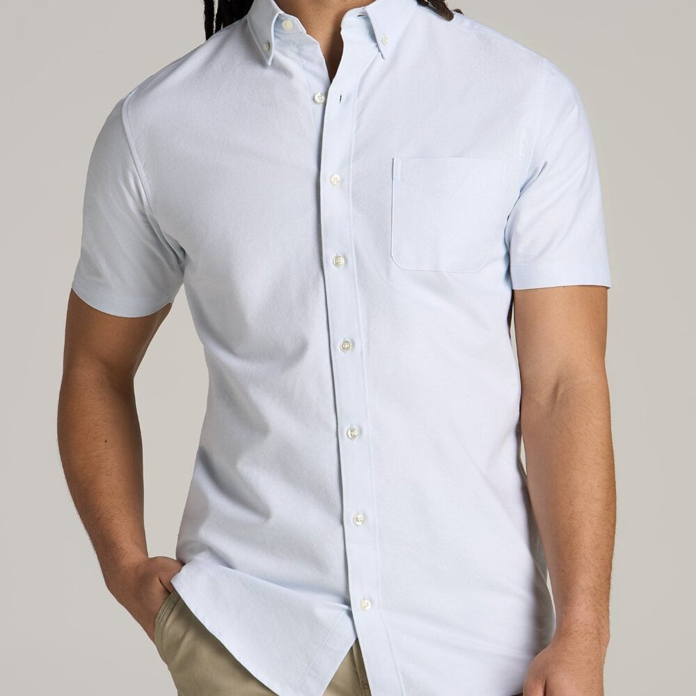 American Tall Short Sleeve Oxford Button Shirt For Tall Men in Light Blue Size X
